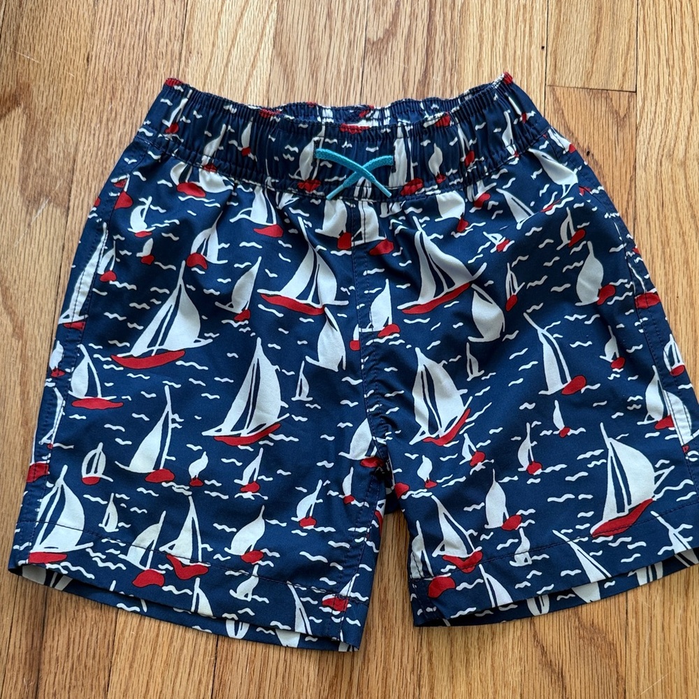 Crewcuts Factory Navy Blue Swim Trunks with Red and White Sailboats size 5
